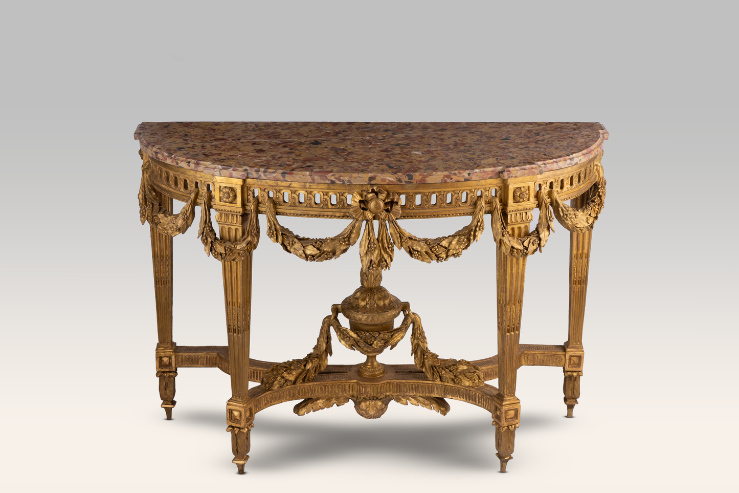 A Very Fine Epoque Louis XVI Demilune Giltwood Console Table with marble top
