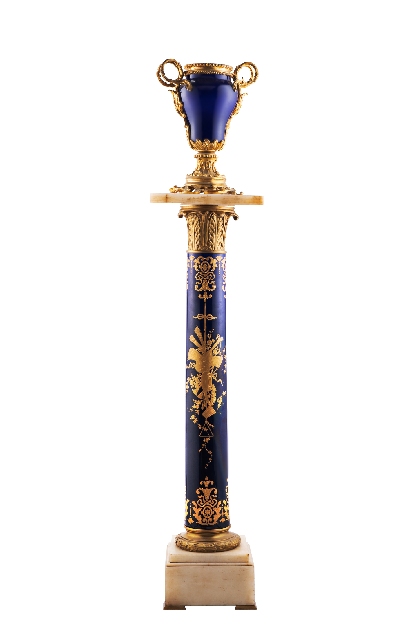 Neoclassical Column Pedestal with Sevre Porcelain and Gilt-Bronze Urn