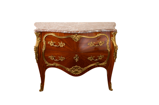 A French Louis XV Bombe Commode with Ormolu Mounts and Marble Top