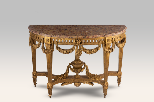 A Very Fine Epoque Louis XVI Demilune Giltwood Console Table with marble top