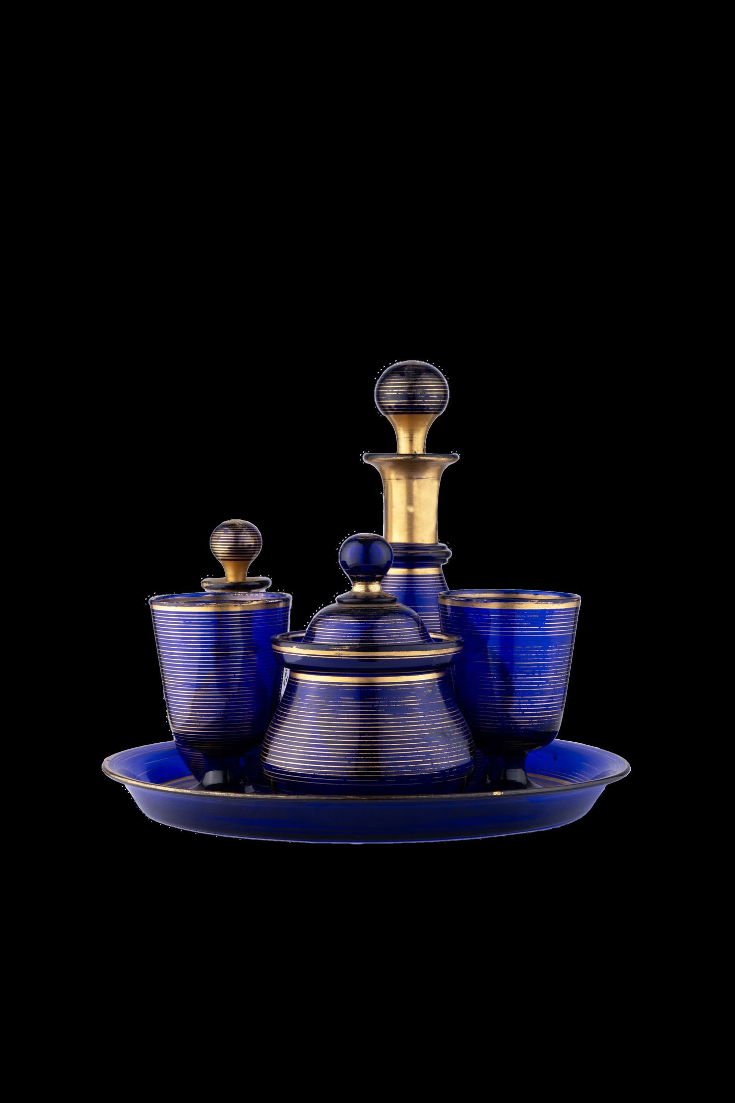 Toilette French Blue & Gold Bohiemian Glass Set 'Garniture De Toilette'