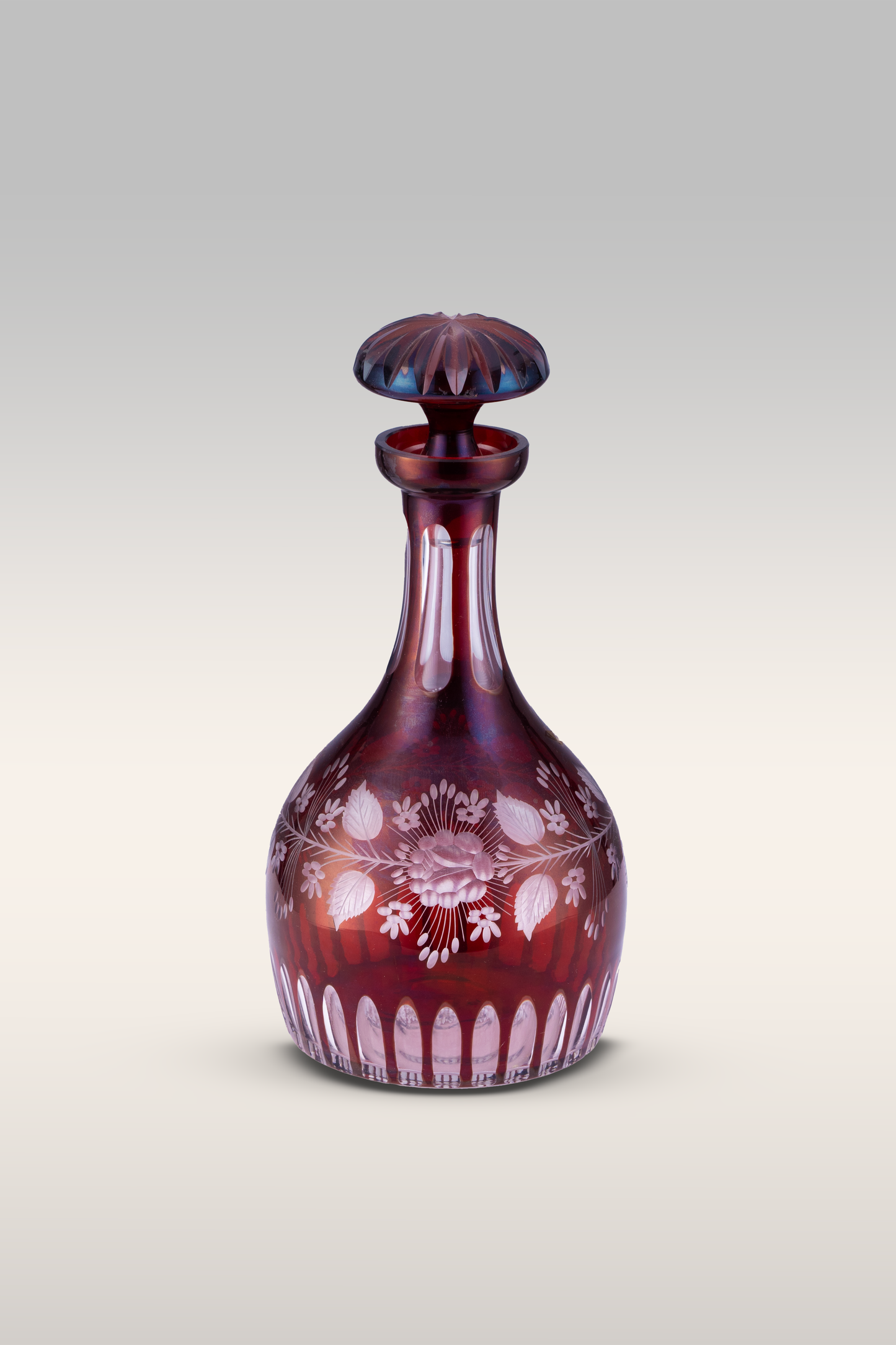 A Cranberry Bohemian Cut-to-Clear Crystal Ruby Red Wine Decanter with Glasses