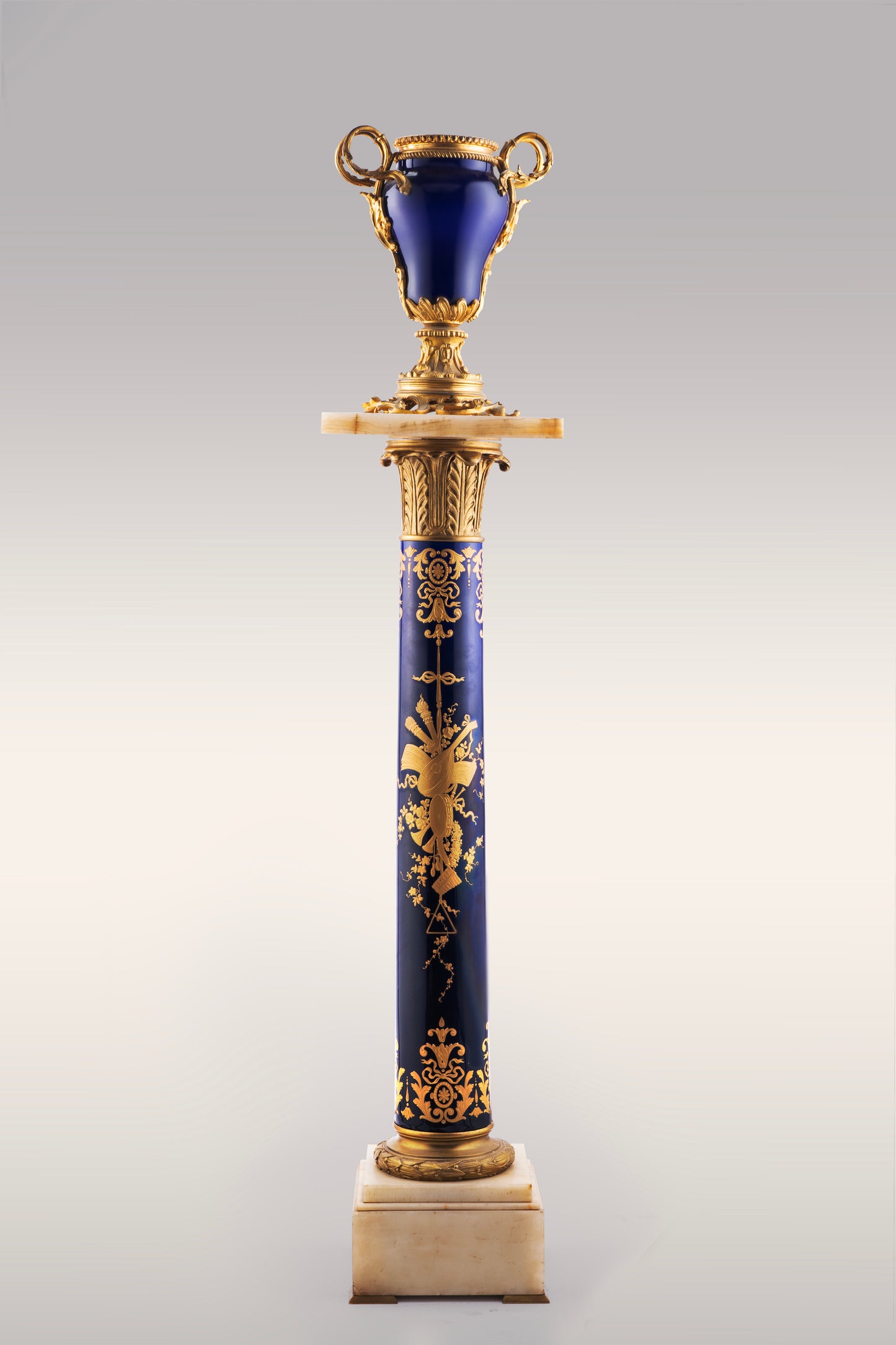 Neoclassical Column Pedestal with Sevre Porcelain and Gilt-Bronze Urn