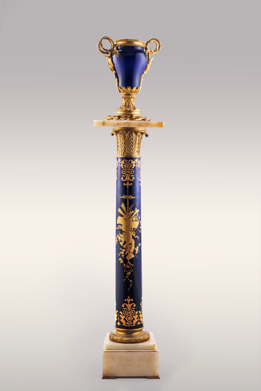 Neoclassical Column Pedestal with Sevre Porcelain and Gilt-Bronze Urn