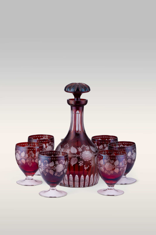 A Cranberry Bohemian Cut-to-Clear Crystal Ruby Red Wine Decanter with Glasses